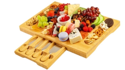Creative Acacia Cheese Tray Household Afternoon Tea Dessert Bamboo Tray Table with Knife and Fork Invisible Drawer Chopping Board Set (1).jpg