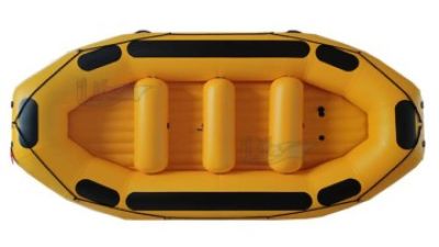 Top view of ILife 430cm 14.1ft yellow inflatable whitewater raft with 3 inflatable thwarts.