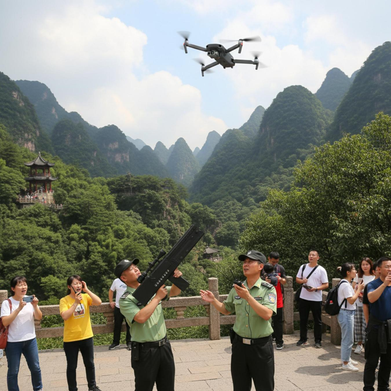 Un drone perturbant le tourisme abattu dans la zone touristique de Huangshan en Chine