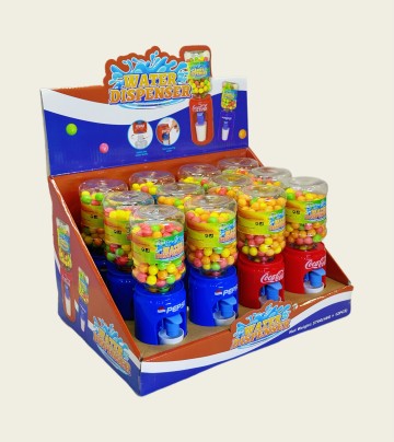 New products from candy and toy manufacturers: combining snacks and toys. Miniature canned water dispenser.