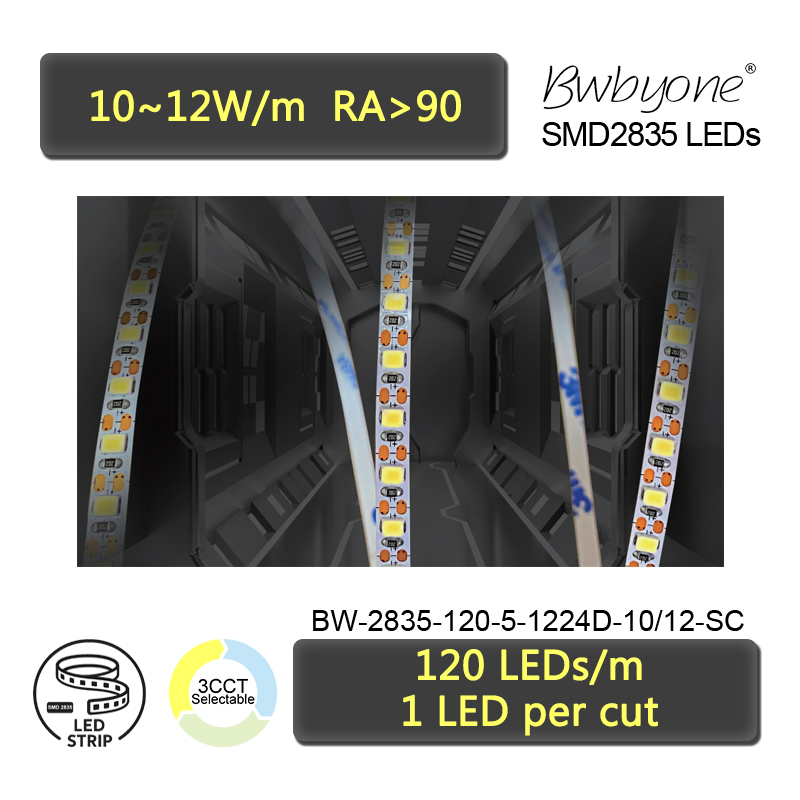 24V 2835 LED Strip with 5mm Slim width Cuttable per LED for Indoor Accent & Decorative Lighting