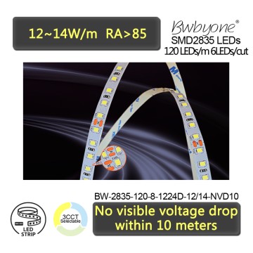 High Output 8mm LED Strip 120 LEDs/m Solderless PCB Stable Voltage Long Run Strip Lighting