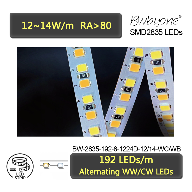 Dual White LED Strip with Alternating Warm and Cool White 2835 LEDs 8mm PCB 120 LEDs/m