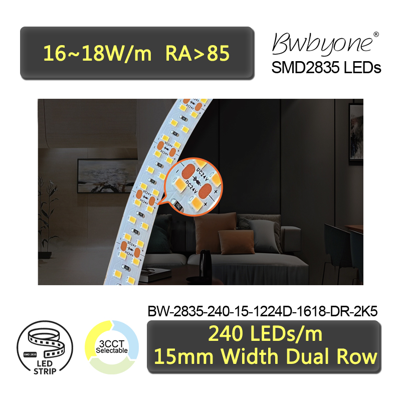 High Output 2835 Dual Row LED Strip 240 LEDs/ 15mm Width 2500 Lumens