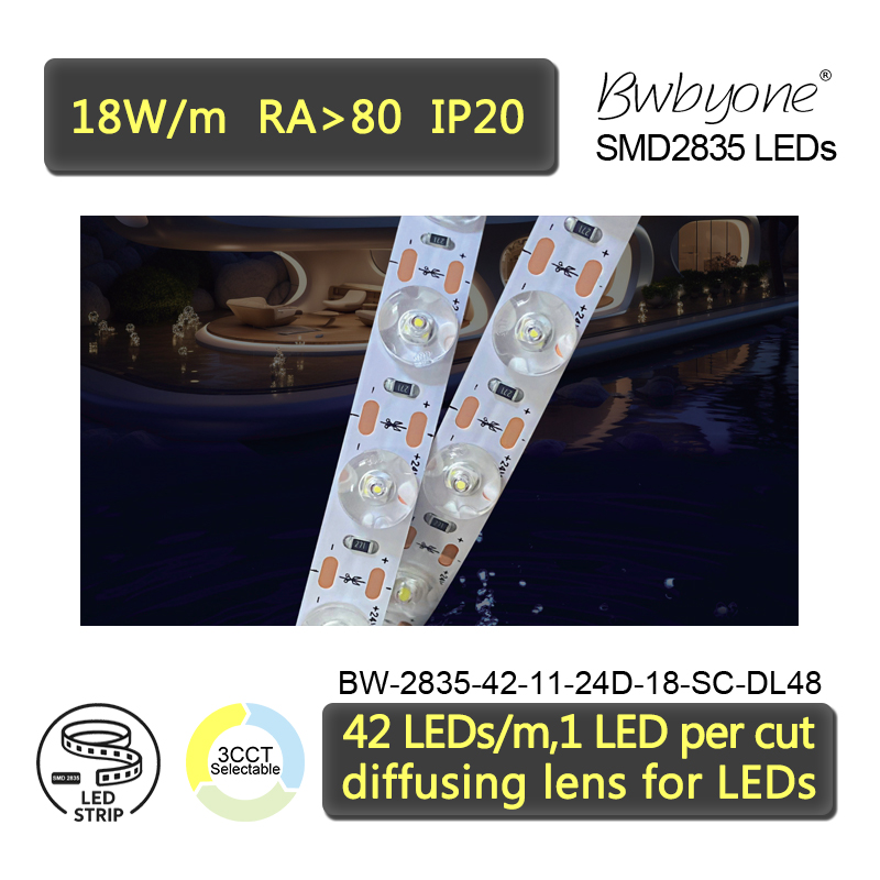 LED Strip with Individual Diffusers and Single LED Cut Design 2835 11mm PCB