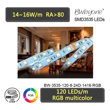ไฟเส้น LED RGB 3535 ความหนาแน่นสูง 120 LED ต่อเมตร แผงวงจรพิมพ์ 8 มม. แสงสีไดนามิก
