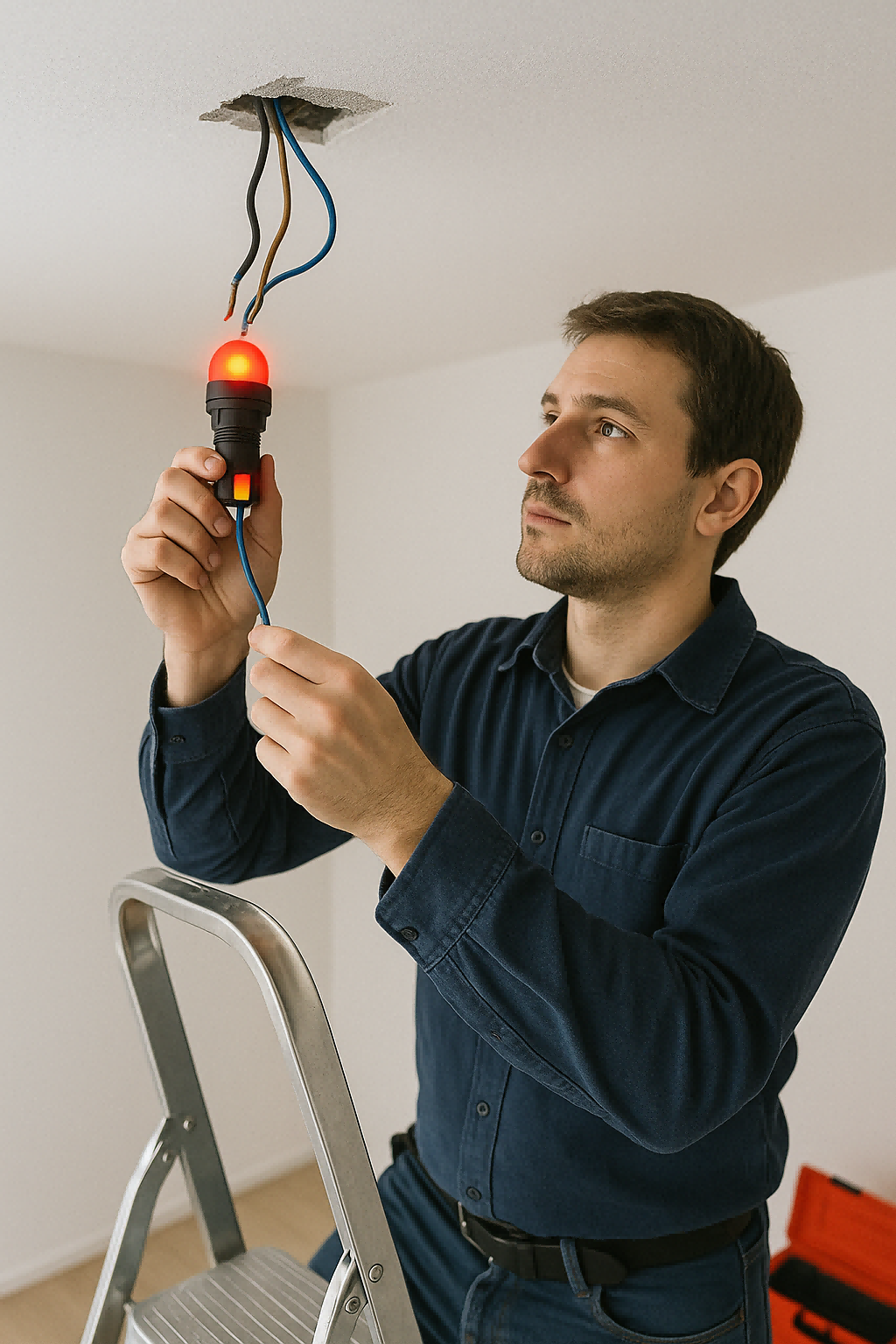 电工正在使用快速连接式 LED 测试仪测试墙壁开关盒