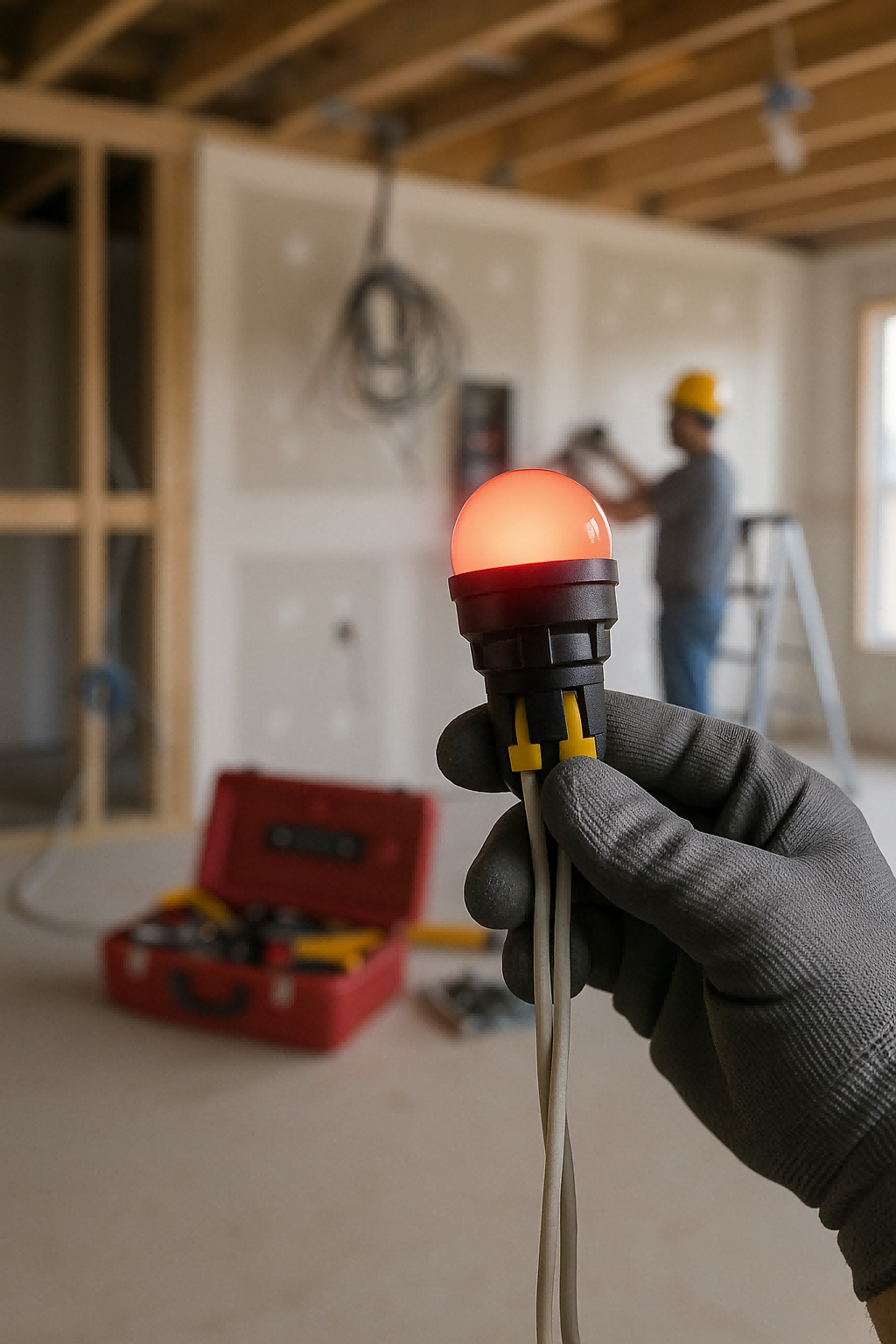 一名电工在建筑工地手持快速连接LED接线测试灯。
