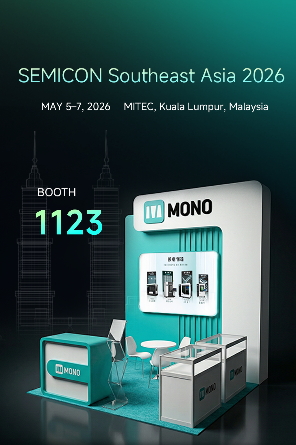 MONO-Stand-Einladungsplakat für die SEMICON Southeast Asia 2026, Stand 1123