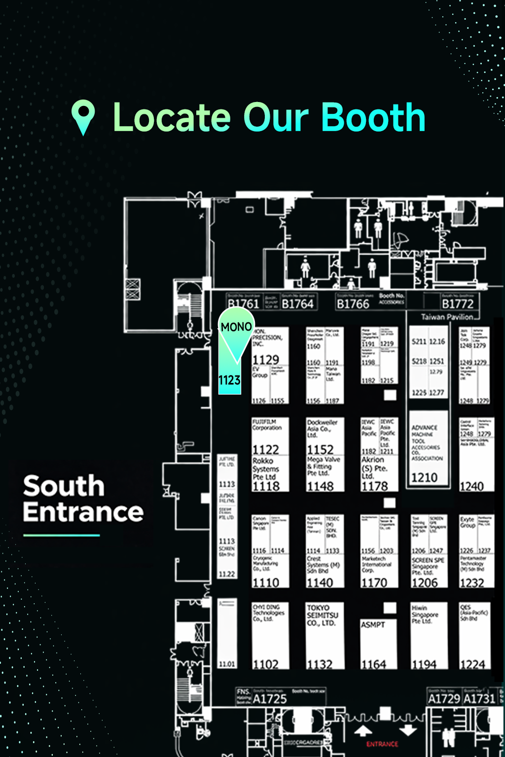 Lageplan mit dem MONO-Stand 1123 in der Nähe des Südeingangs auf der SEMICON Southeast Asia 2026