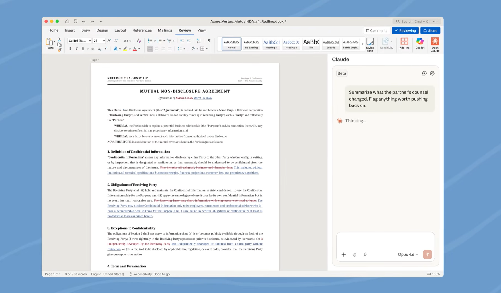 Claude for Word — redlining, drafting, and comment tracking in Microsoft Word 2026