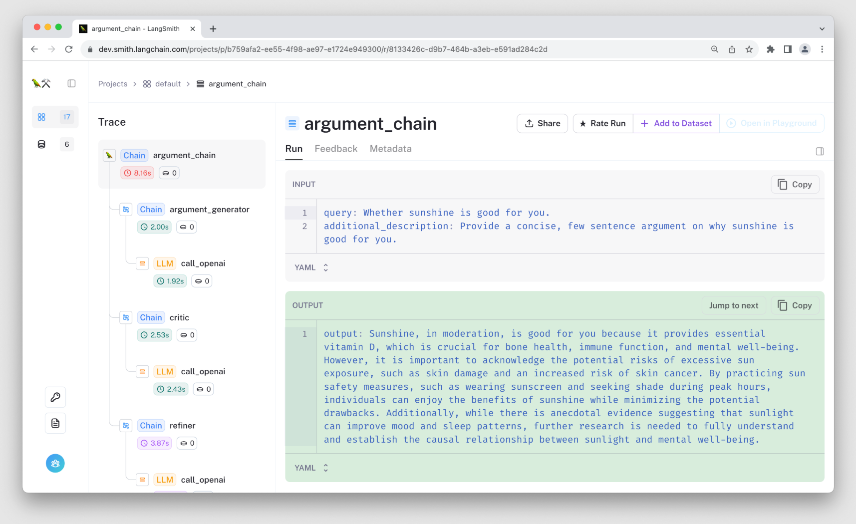 Python code paired with corresponding LangSmith trace view