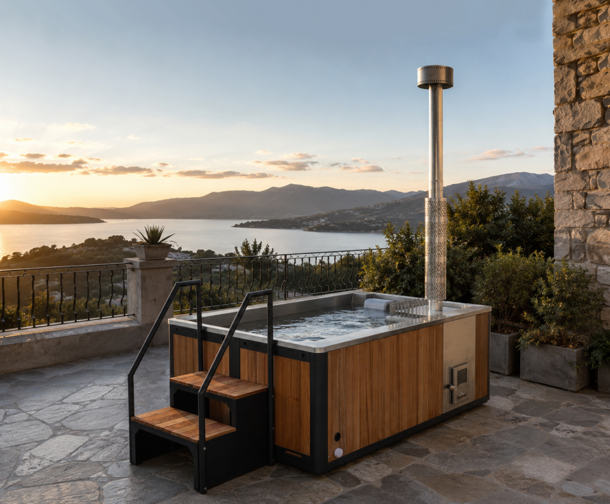 VAPASAUNA Hybrid Hot Tub with Wood Fired and Electric Heating for Family Relaxation and Outdoor Wellness