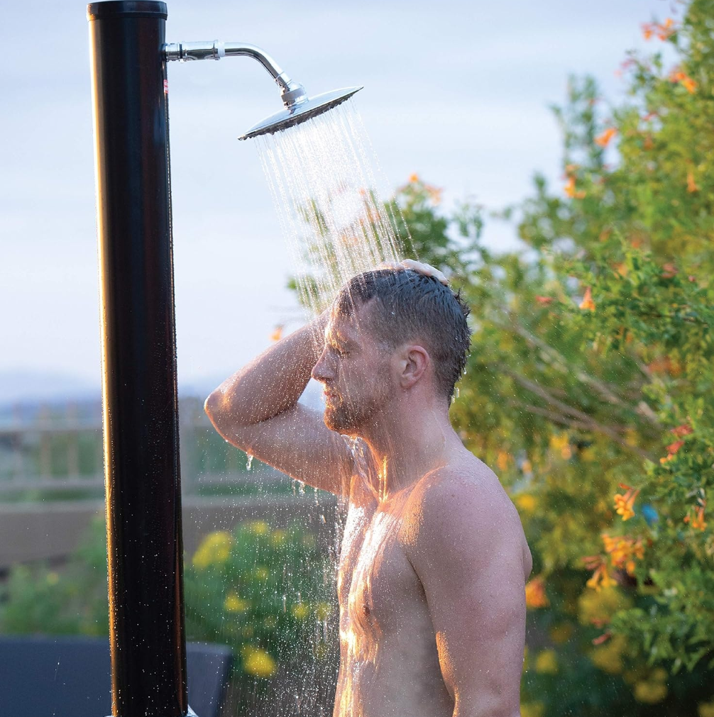 Engineered solar shower with hybrid solar-electric dual-source water heating system