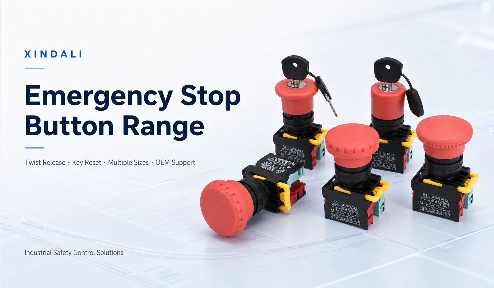 XINDALI Emergency Stop Button Range - twist release key reset industrial emergency stop buttons