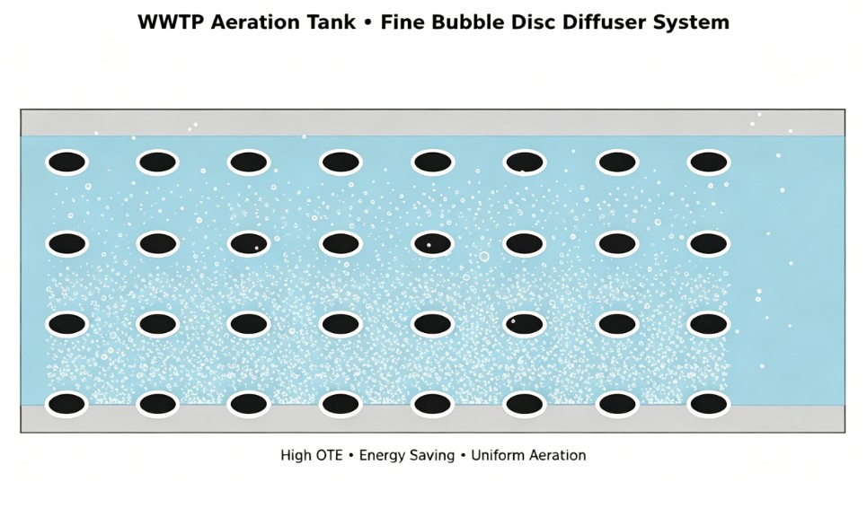 Fine bubble disc diffuser installed in wastewater aeration tank
