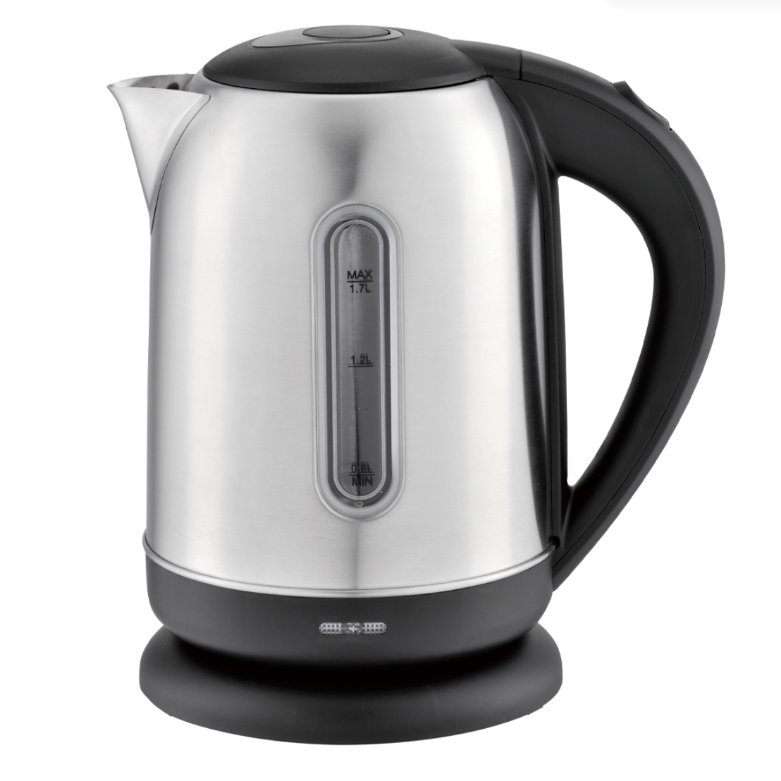 Premium 1.7L stainless steel cordless jug kettle with 2200W rapid boil — the typical export configuration shipped to the French market