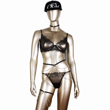 Luxury Embroidery Lace Lingeire With Golden Metal Trim