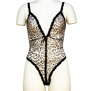 One Piece Sexy Leopard Print Lace Edge Sleeveless Bodysuit Private Room Temptation Sexy Tight Lingerie Deep V