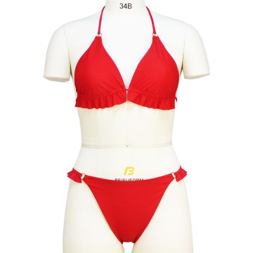 Ruffle Strap Split Swimsuit Women'S Sexy Solid Color Cross Border Thong Swimsuit Backless Triangle Set