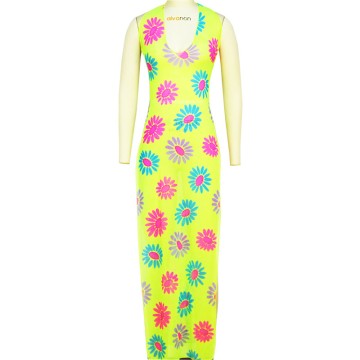 Long Dress Flora Print Beach Wear Armless Tight Beach Dress Wear Contrast Color Yellow Sum Flower Causal Vacation Summer Dress