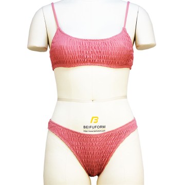 Beach Suit Bikini Women Swimmers Two Pieces Sets Pink Plaid Color Smocked Female Swimwear With Adjustable Straps