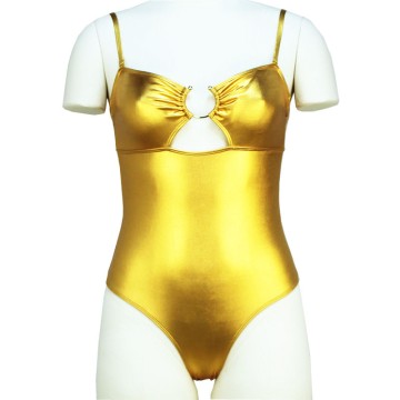 Backless Leotard Solid Color Metal Hollow Women Metallic Swimwear Brazilian Ring Deep V Keyhole