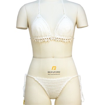Women Beachwear Handmade Crochet Bikini Set Shell Tassels High Waist Thong Side Tie Halter Crop 2 Pieces Set
