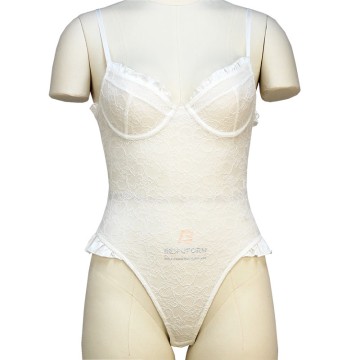 Elegant Luxury Lingeries Sex Embroider Lace Transparent Lingerie Push Up Wire Bra Seethrough Bridal Bodysuit Ruffled