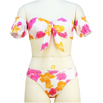 Spring Floral Printing Bandeau Shirts Swimming Set Ruffle Trim Wide Bowknot 2-Pieces Summer