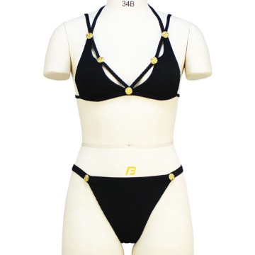 Beach wear 2 pieces set Gold mental hardware ribbing Details Strappy Bikini Cheeky Swimsuit backless