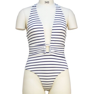 Stripe Halter Swimsuit Deep V Neck Cutout Design Beach One Piece Bikini High Waist