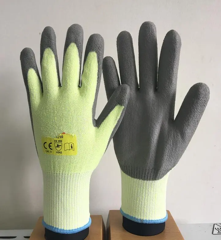 13 Gauge Hppe Hi-Vis Anti-Cut Liner PU Coated Safety Glove