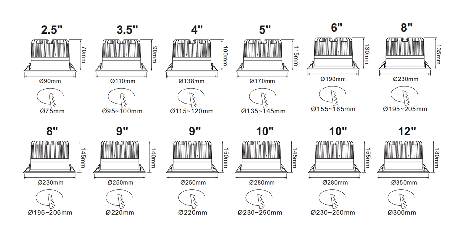 Deep Anti-glare Recessed Downlight size