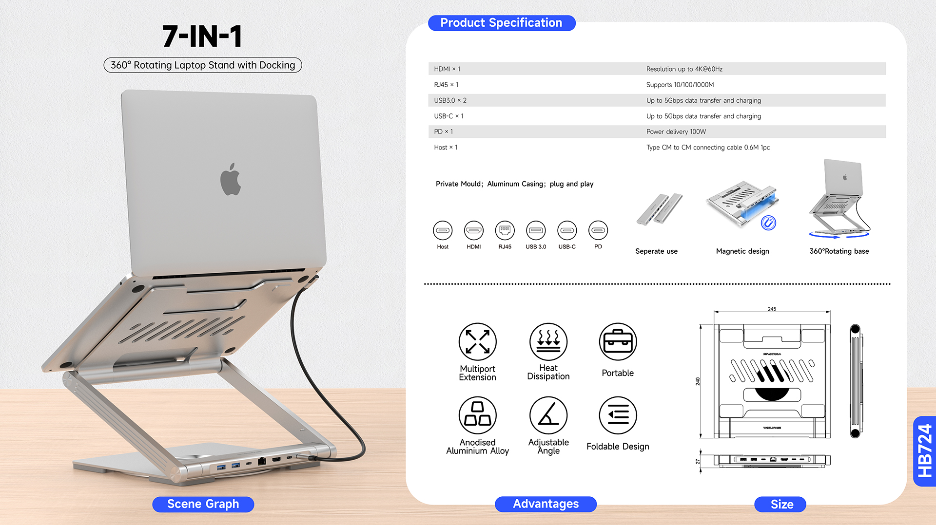 Dock per laptop, pieghevole, a 360 gradi, interamente in lega di alluminio, personalizzabilev18