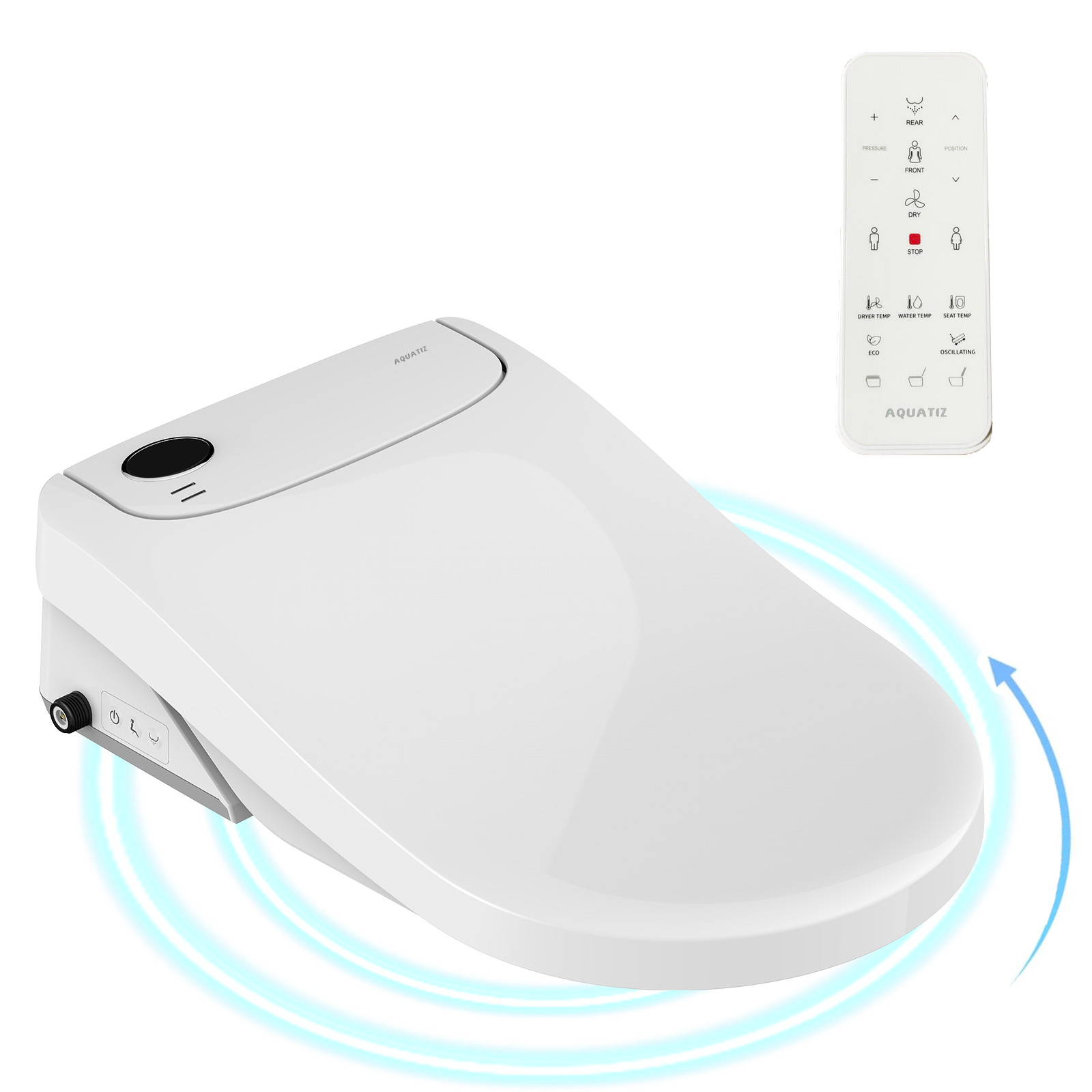Asiento de inodoro con bidé eléctrico en forma de D AQUATIZ AQ1131, tapa con apertura/peche automático, boquilla de autolimpamento, lavado oscilante, asento con calefacción, auga morna, secador e luz nocturna