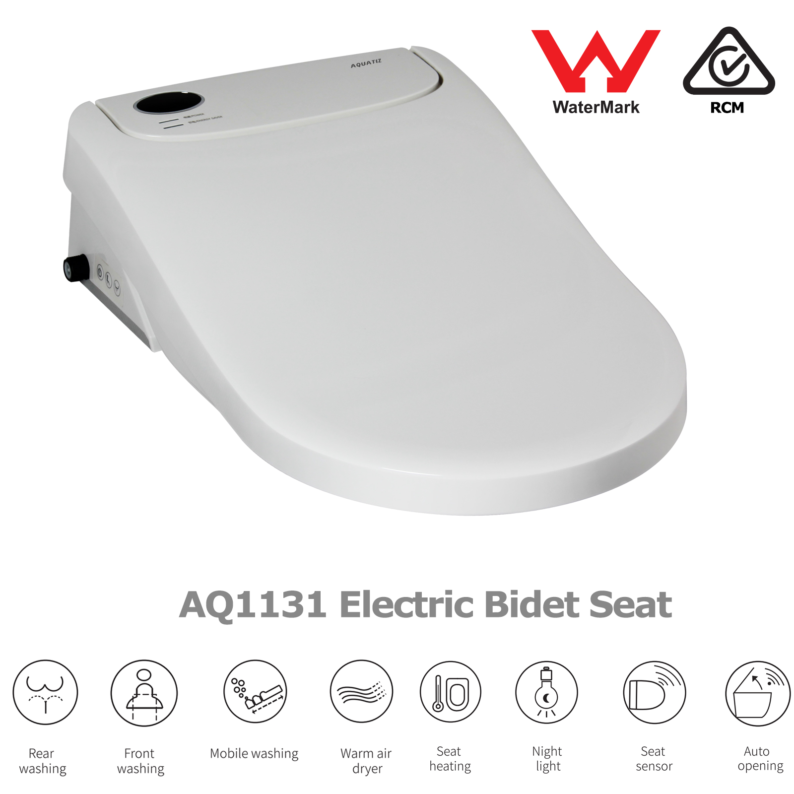 AQUATIZ AQ1131 D-Shaped Electric Bidet Toilet Seat, Auto Open/Close Lid, Self-Cleaning Nozzle, Oscillating Wash, Heated Seat, Warm Water, Dryer & Night Light-product