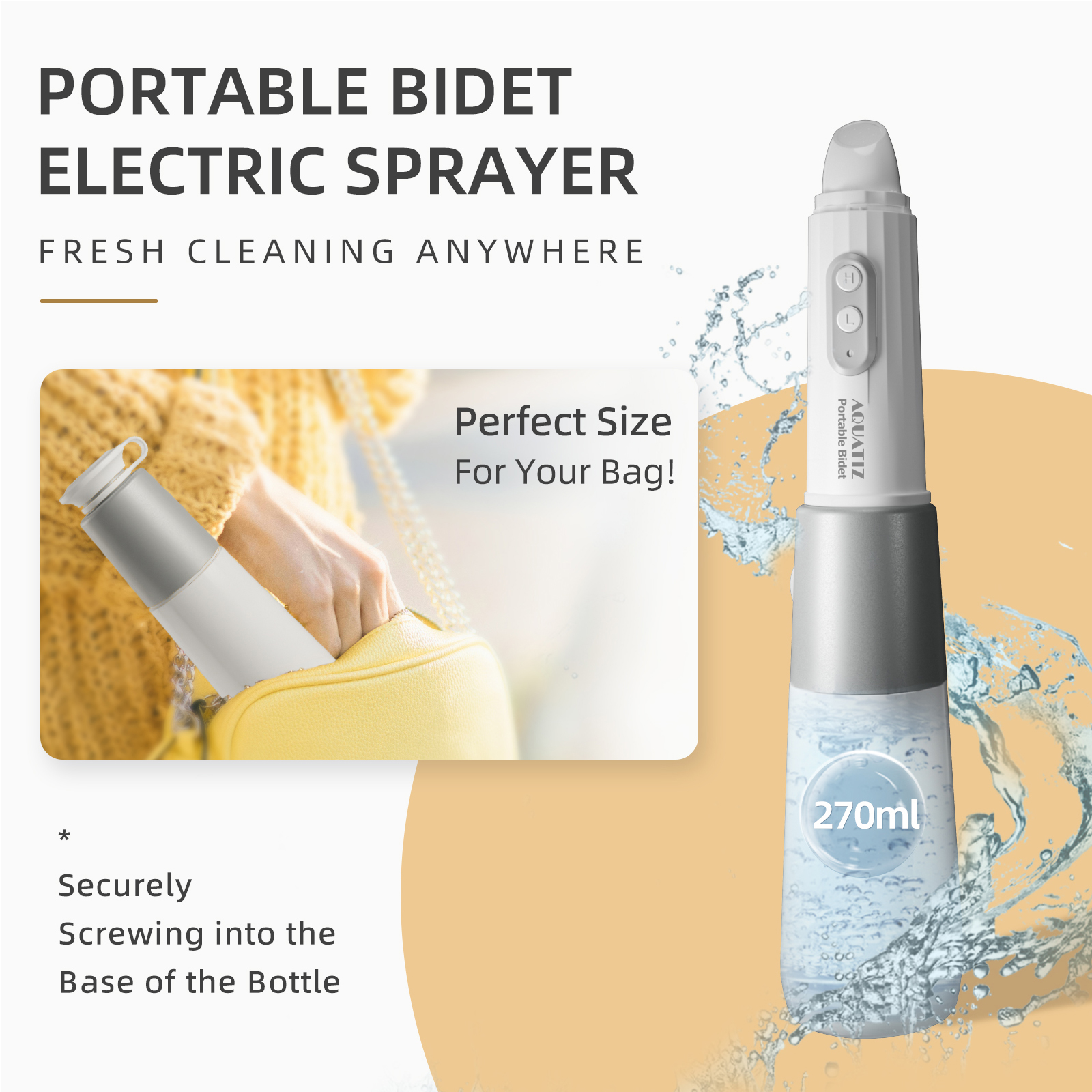 Aquatiz Portable Bidet for Traval, Electric Rechargeable Handheld Travel Bidet, High Pressure Portable Hygiene Sprayer for Men, Women, and Postpartum Care, Travel Essentials-product