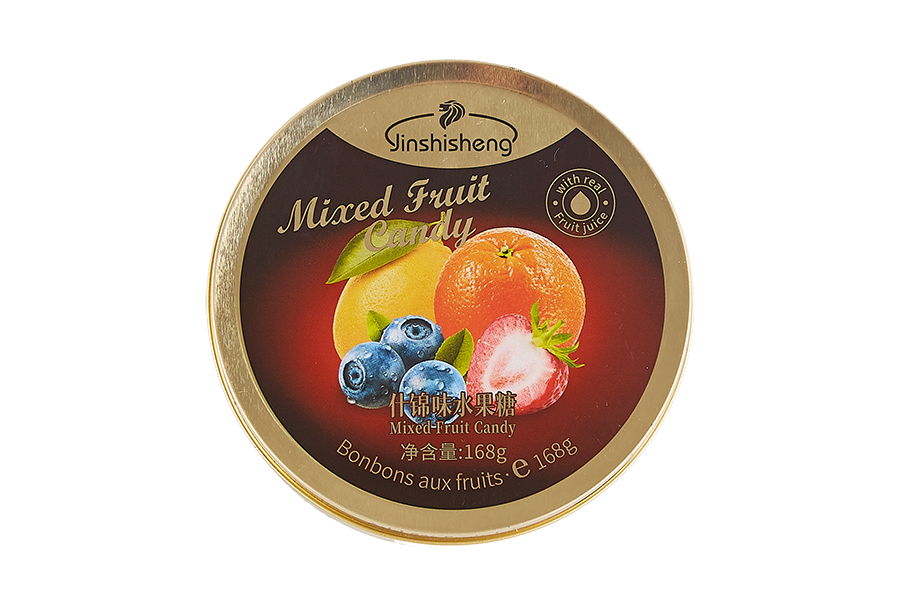 Série de bonbons durs aux fruits en boîte métallique