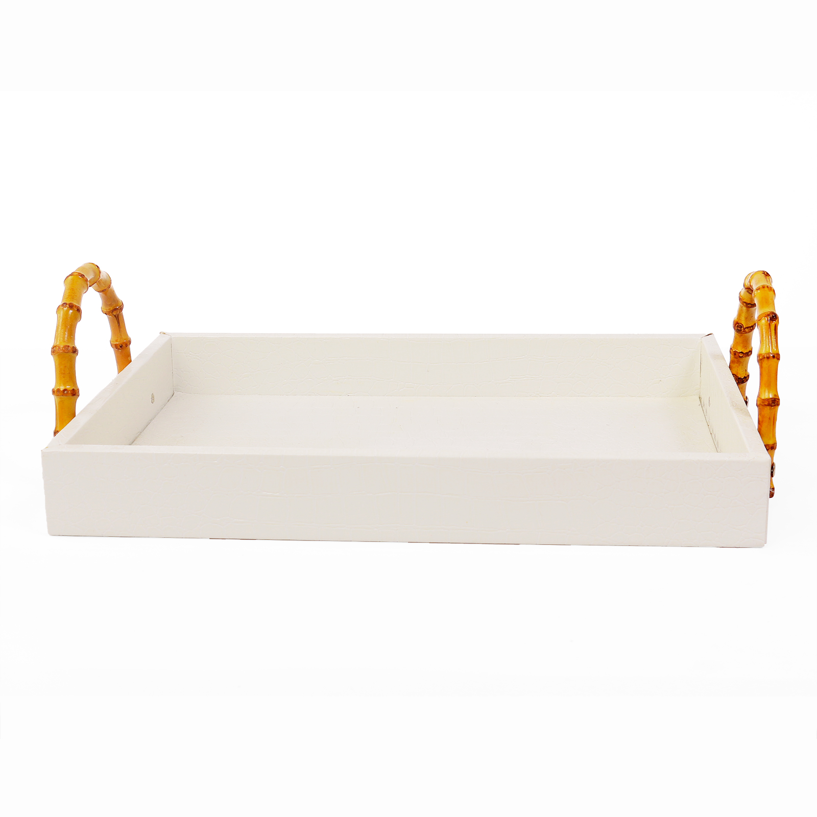 Set of 3 Vegan Crocodile Leather Natural Bamboo Handle Decorative Tray