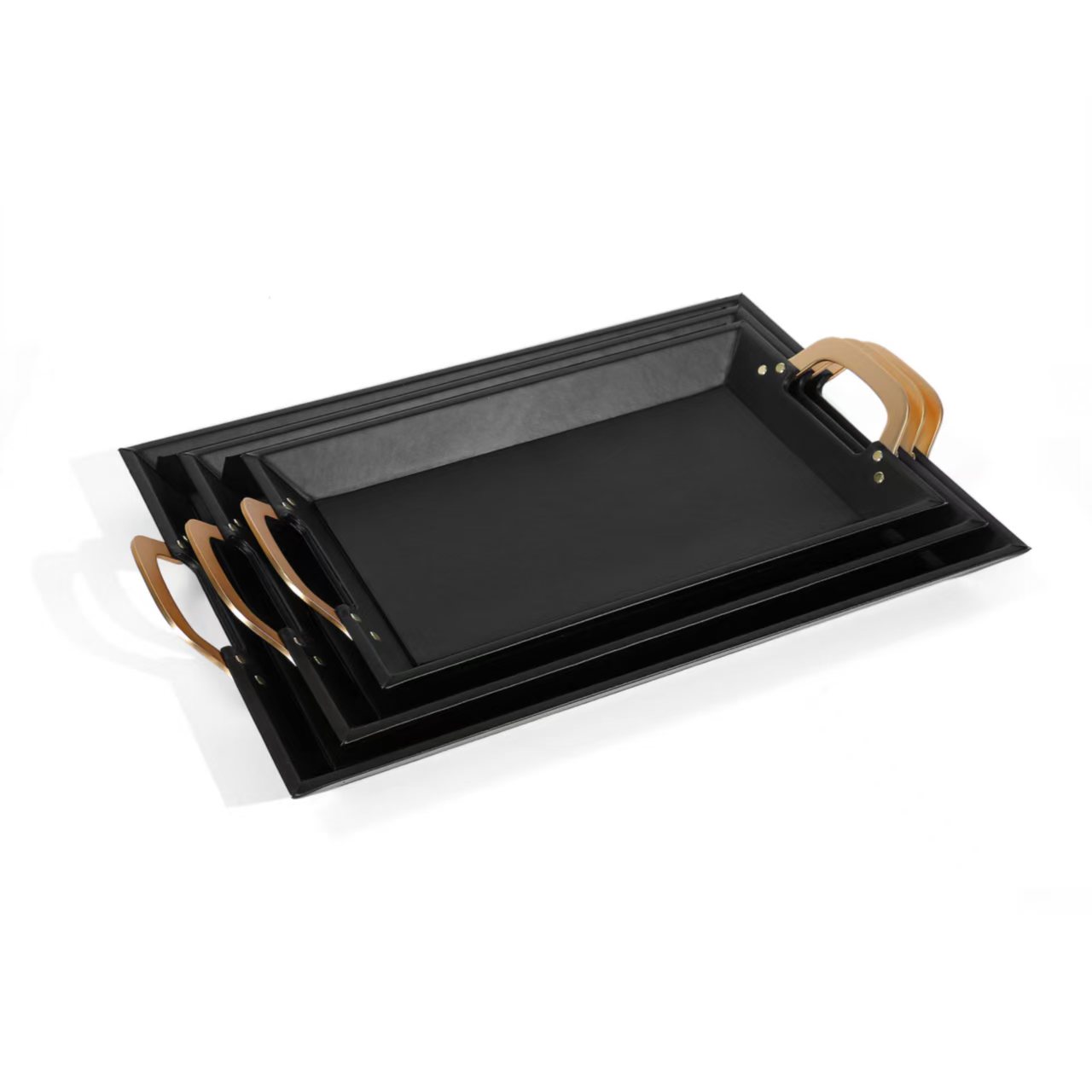Set of 3 decorative vegan leather tray Metal handle