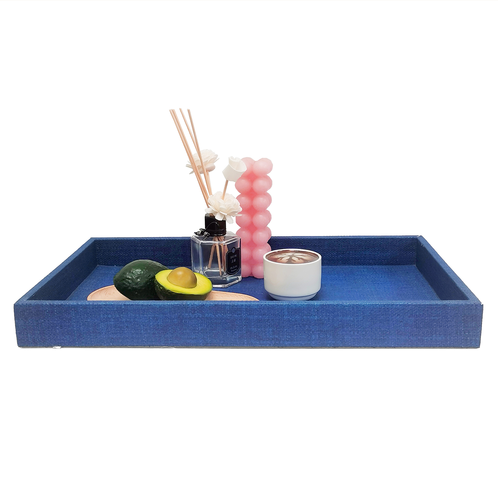 Set of 2 Blue Natural Wood Pulp Metal Handle Decorative Tray