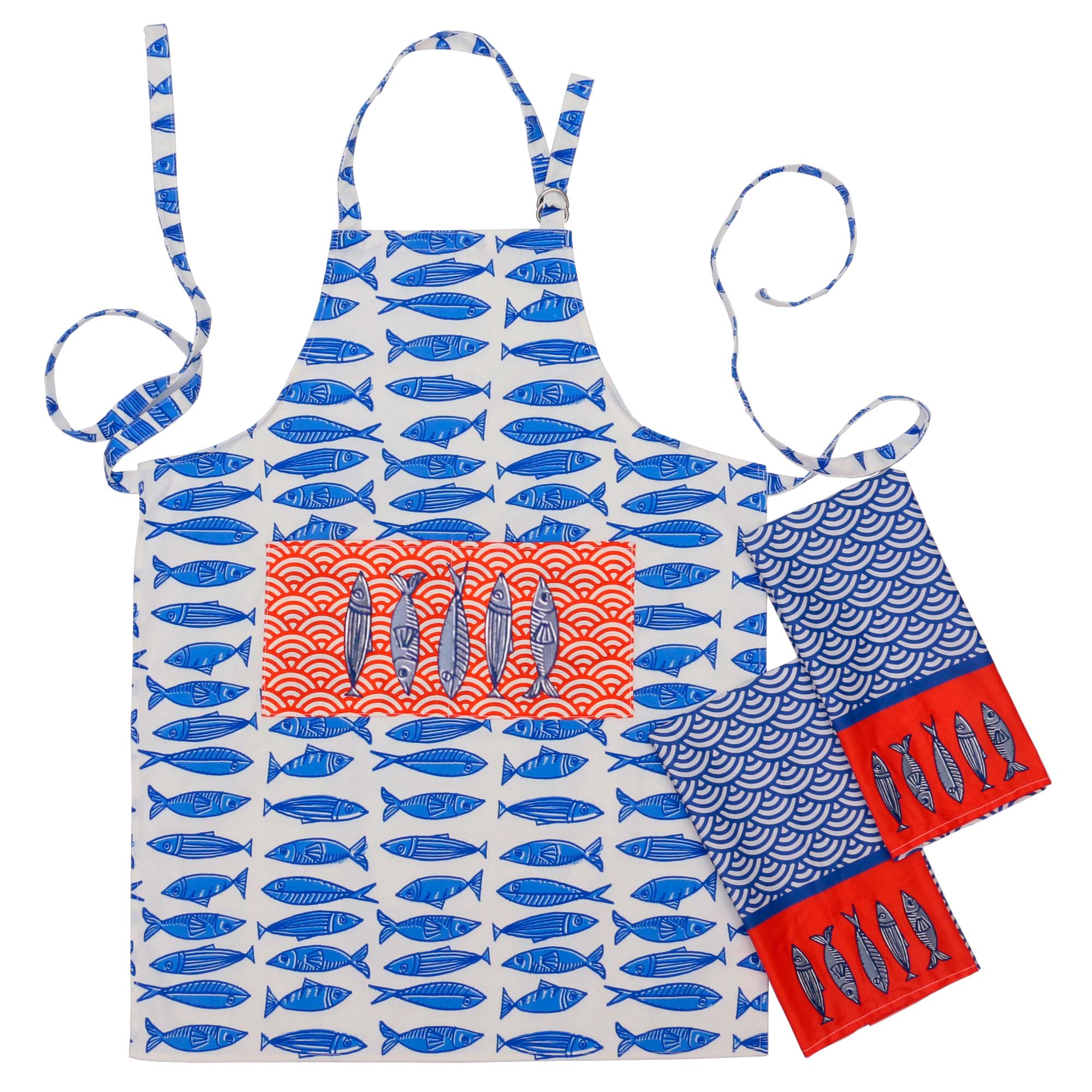 Fish embroidered cotton apron and tea towel