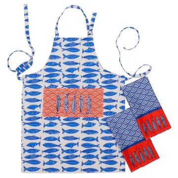 Fish embroidered cotton apron and tea towel