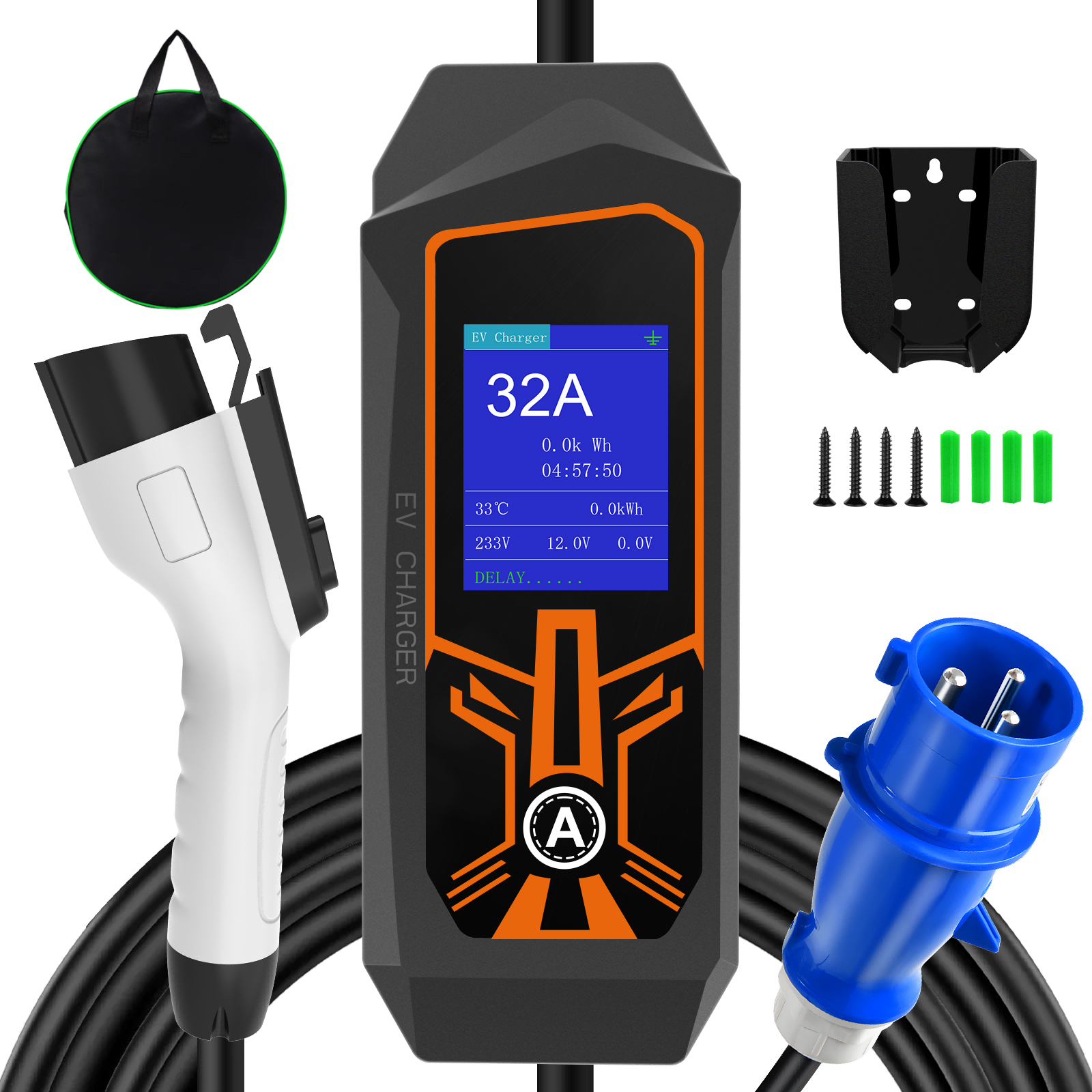 Single Phase 32A 7KW Adjustable Current Type 1 J1772 Portable EV Charger with CEE Power Plug
