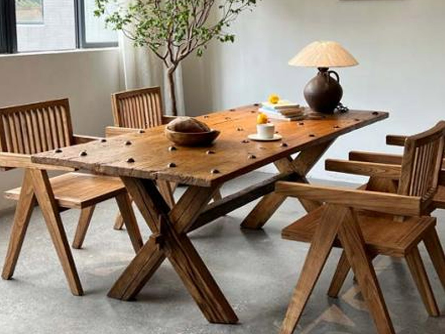 Solid wood wabi-sabi style dining table and cha...