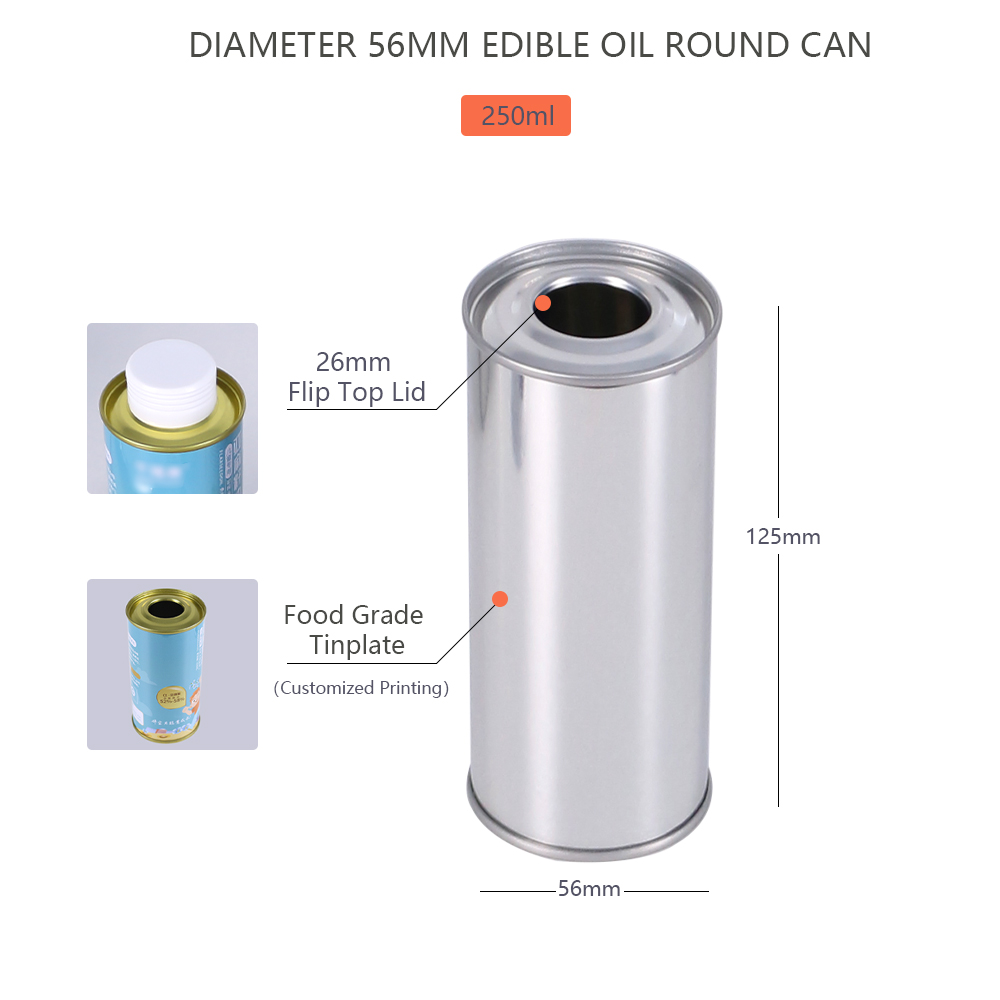250ml Small Olive Oil Tin Cans Food Grade Recycled Round Metal Tin for Cooking Oil