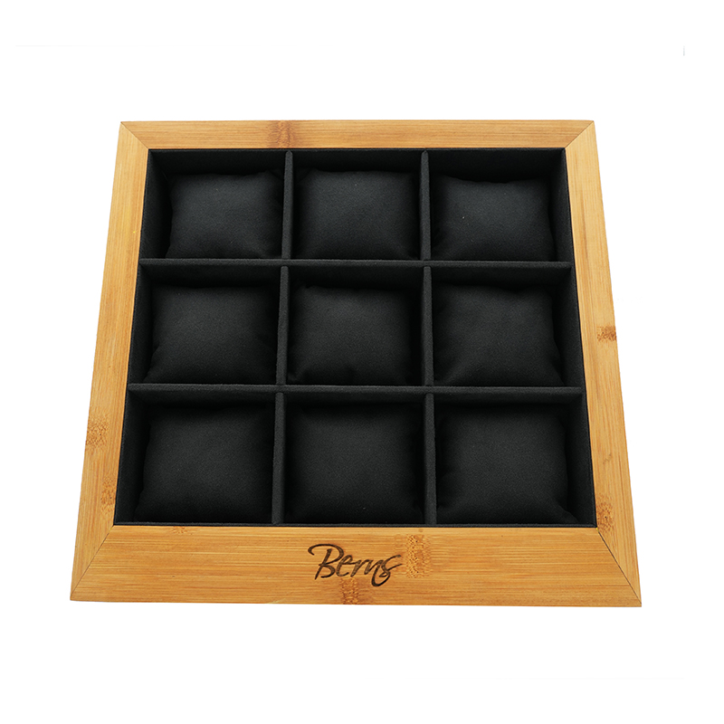 DTS-010  Eco Friendly Bamboo Watch and Jewelry Display Tray with Grid Pillows (Blac, Velvet )