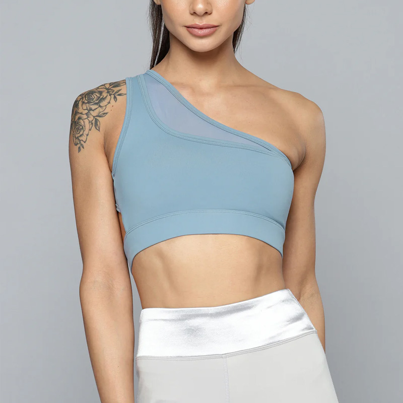 Women Blue One Shoulder Sports Bra With Front Net Panel