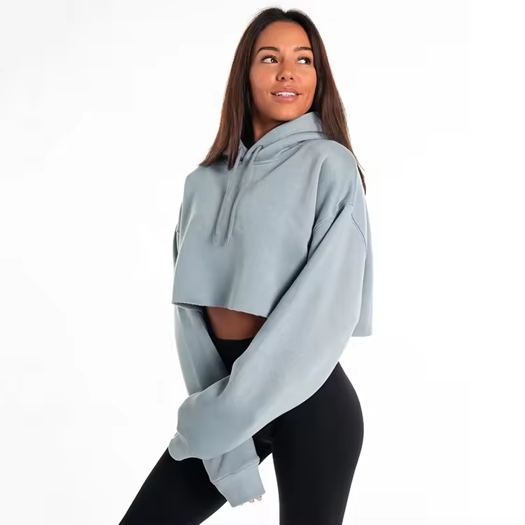 Custom Women Oversize Raw Edge Hem Cropped Hoodie